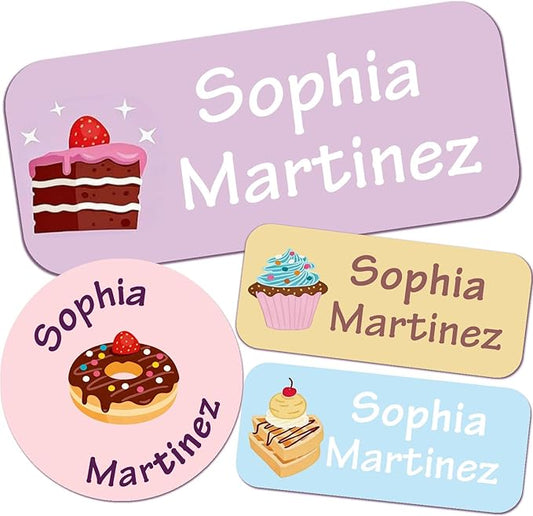 Waterproof Custom Name Stickers (135 Labels) - Personalized Daycare Labels for Clothing, Water Bottles, Lunch Boxes & School Supplies - Ideal for Camp & Daycare - No-Iron (Sweet Cakes)