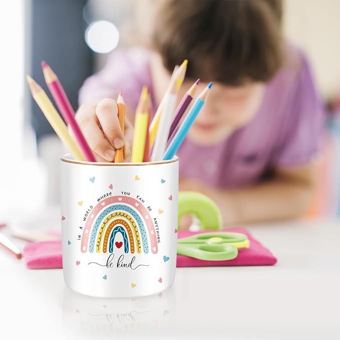 Pen Holder, Ceramic Durable Pencil Cup for Desk， Simple&Modern Style Makeup Organizer, Cute Multifunctional Office Supplies for Home, Kids and School, Rainbow Pattern
