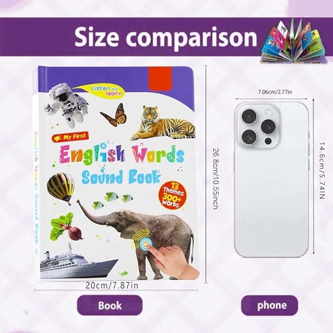 English Words Sound Book Toy, English Learning Talking Book, 300+ Words, 13 Themes, Press to Learn Phonics, Interactive Educational Books for 3 Year Olds