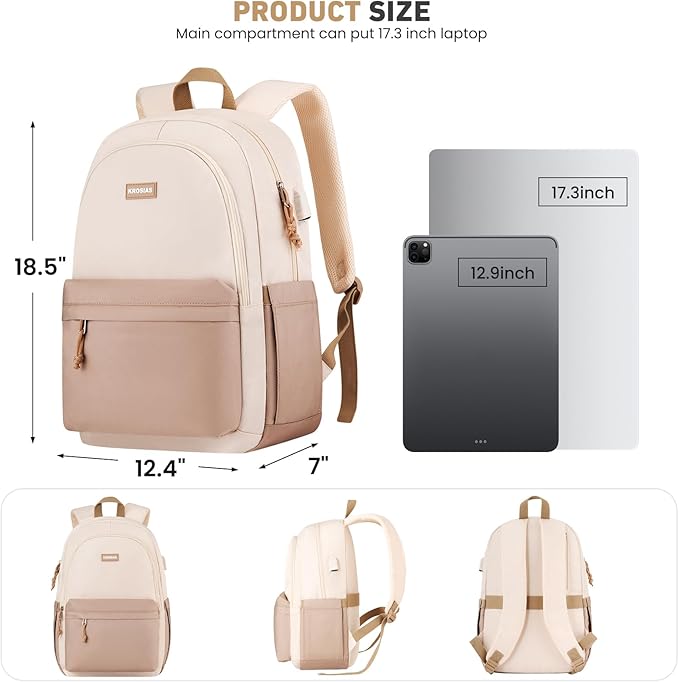 KROSIAS School Backpack for Teens Girls, Cute Student Bookbag Large 17.3 Inch Laptop Bag Aesthetic College Backpacks for Women High School Travel (Khaki Beige)