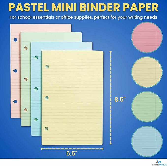 1InTheOffice 5.5 x 8.5 Paper, Pastel, College Ruled Mini Binder Paper, Loose Leaf Paper, Assorted Color, 200 Pack