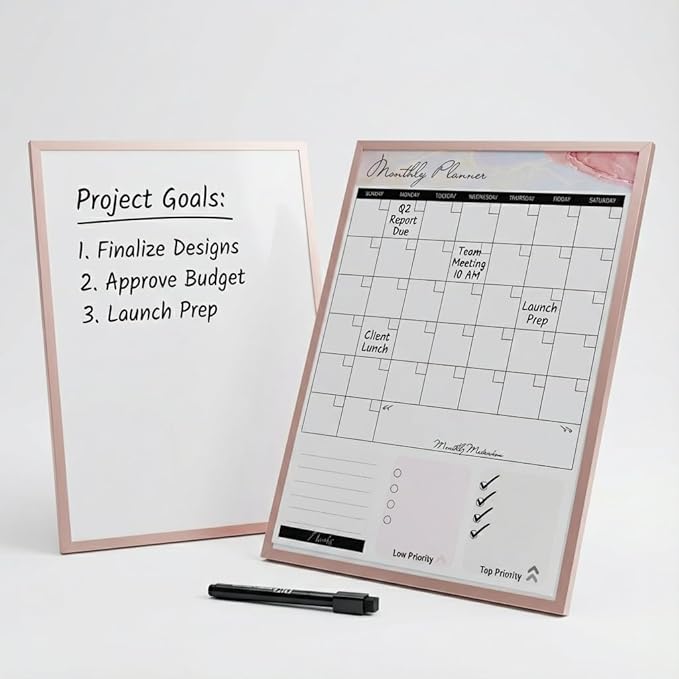 Magnetic Dry Erase Board 12x16 with Handle, Double Sided Portable Rose Gold Whiteboard for Home, Office, School & Kitchen, Includes Weekly & Monthly Magnetic Planner Sheets