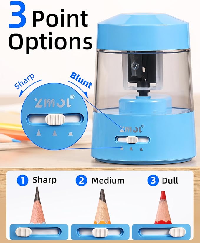 ZMOL Electric Pencil Sharpener Battery Operated Power Kids for Colored & Jumbo Pencils No.2/(6-12mm) - Safe & Easy Use Plug in Portable with (AC Adapter,USB, Battery) for Classroom/Office/Home Blue