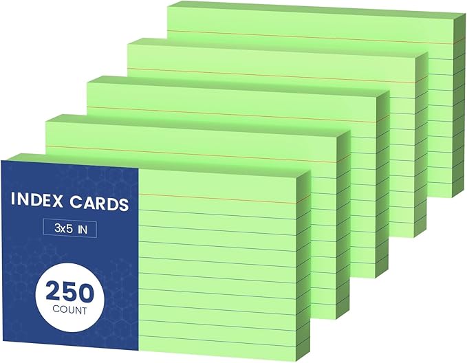 Green Index Cards 3x5, 250 Count Notecards 3x5 Lined, 3 x 5 Index Cards Ruled Flash Cards for Studying, 3 x 5 Index Note Cards Flash Paper Bulk Study Card Index Card for Learning Taking Notes to-Do