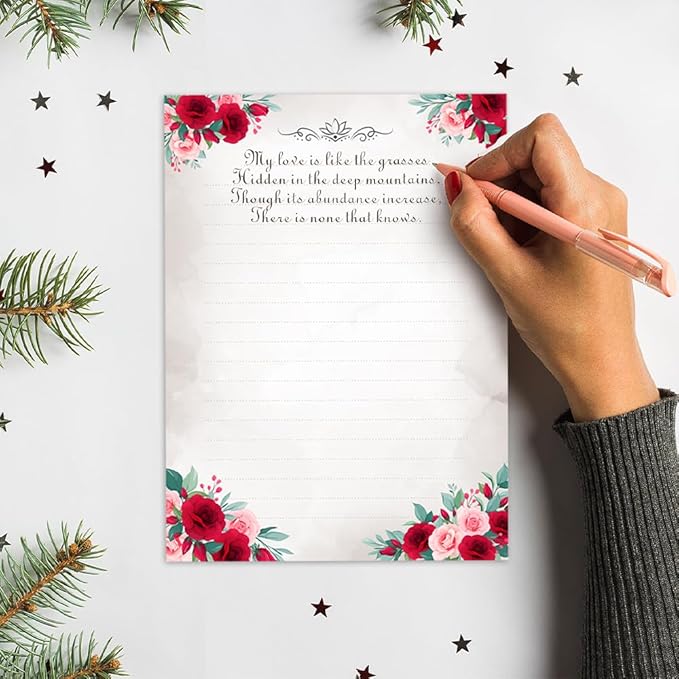 Anzon Mories A4 60 Pieces Cute Stationary Writing Paper and Envelope Set (2 Sides Colored, 1 Side Lined) 30 Sheets, 30 Pcs Envelopes, Kawaii Letter Stationery Floral Decoration