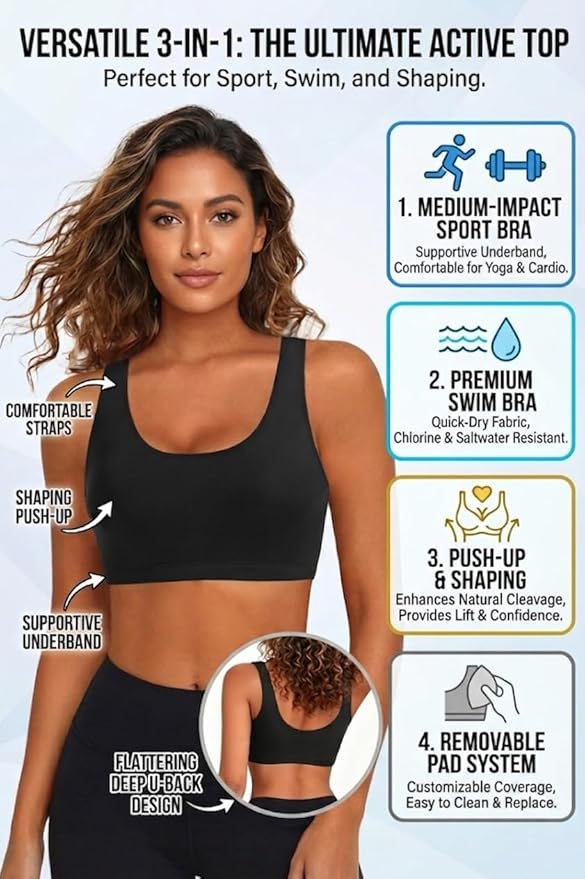 Tempt Me Women Sports Bra Bikini Top Push Up Scoop Neck Bathing Suits Top Padded Swim Crop Tops Only