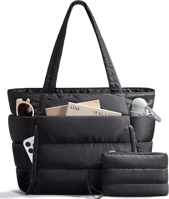 Bagstellar Puffer Tote Bag for Women, Lightweight Puffy Work Handbag Teacher Nurse Quilted Shoulder Bag for School Travel Gym | Cloud Bag w/ Zipper
