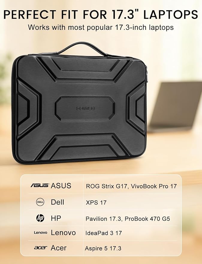 DOMISO 17 inch Laptop Sleeve with Handle, Shockproof and Waterproof EVA Protective Laptop case, Laptop Sleeves for 17.3" HP Dell Asus Laptop, Black