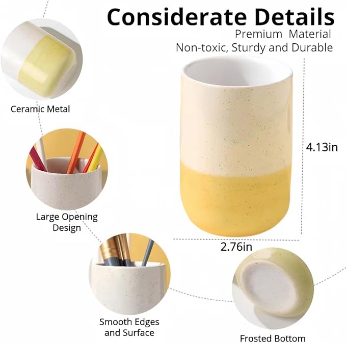 Cute Ceramic Pen Holder for Desk Office Supplies Cubicle Decor Kawaii Workspace Accessories Boho Makeup Organizer for Women Girls Pencil Cup Aesthetic Caddy for Home Office (Yellow Stripe)
