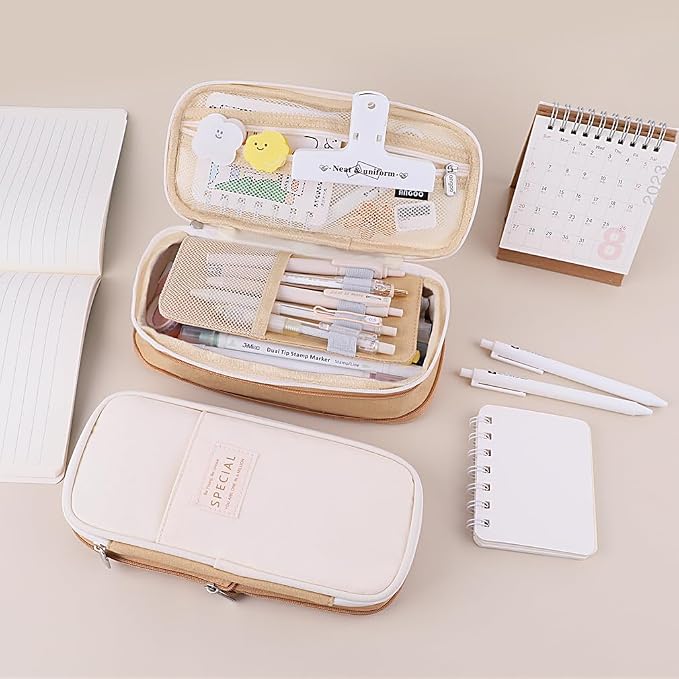 iSuperb Big Capacity Pencil Case Large Pencil Pouch Stationery Pen Bag for Teen Girls Boys, Back to School Supplies(Khaki+Beige)