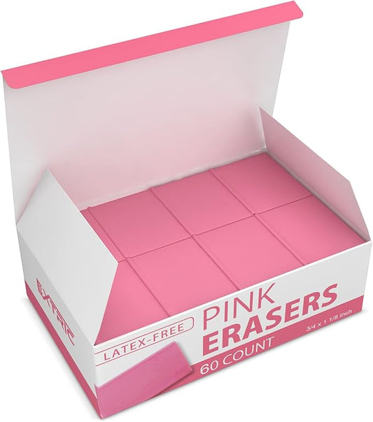Pink Erasers, 60 Count, Latex Free Eraser for Kids, Square Eraser, Erasers Bulk for School Supplies, Art, and Office Use