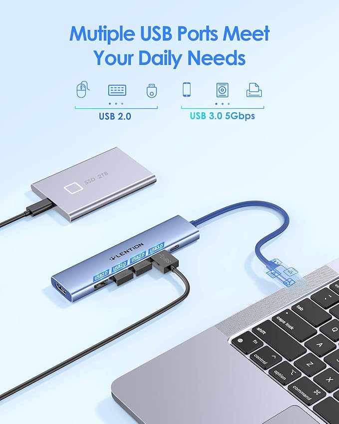 LENTION USB C Hub Multiport Adapter with 100W PD Charging, 4K HDMI, 4 USB-A Data Ports, Type C Hub for 2016-2026 MacBook Pro/Air/Neo, Surface, Chromebook, USB Splitter for iPhone 15-17(CH17, Blue)