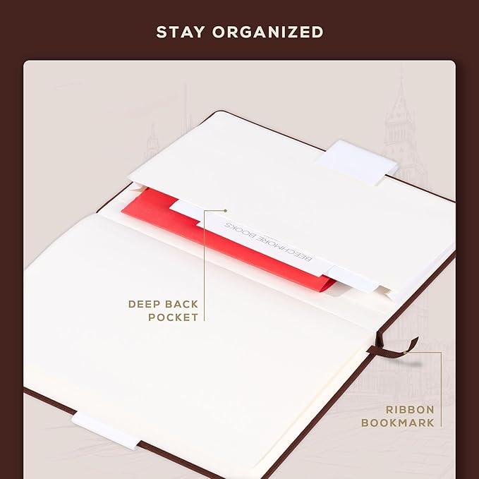 BEECHMORE BOOKS A5 Dotted Journal – 160gsm Thick Paper No-Bleed Bullet Notebook – Hardcover Dot Grid Logbook with Presentation Gift Box – Vegan Leather Sketchbook for Artists & Professionals