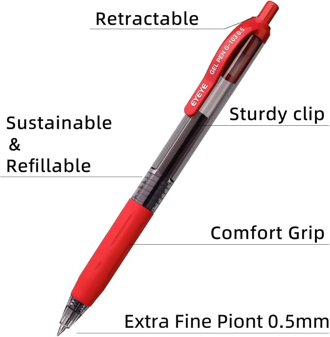 EYEYE G-103 Red Gel Pens 15 Pack, Retractable, 0.5mm Extra Fine Point | Quick Drying, Ballpoint Pen Fine Point Smooth Writing Pens for Office Supplies, Black to School