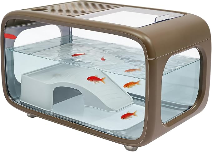 3.17-Gallon Cube Fish Tank, Modern Desktop Brown Fish Bowl with Feeding Hole, Compact Aquarium for Betta, Shrimp, Guppy, Goldfish, Home Office Desk Decor (Brown)
