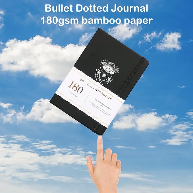BUKE Dotted Notebook Journal 180GSM Bamboo Thick White Paper 160 Pages 5 * 5MM Dot Grid, Lay Flat Binding,Colored Silver Edges, Bookmarks and Expandable Back Pocket (BKP-9)