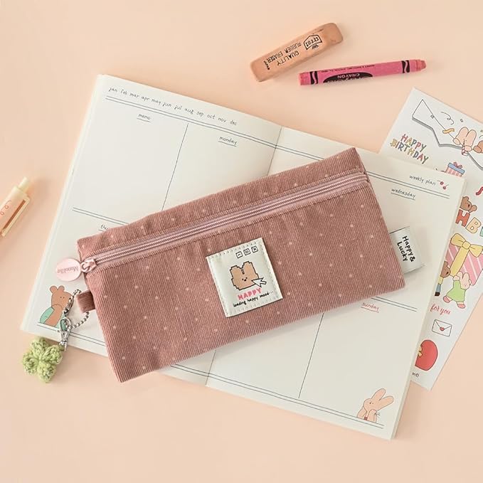 Monolike Happy and Lucky Candy Dot pen case, Pink - Slim Corduroy Style Cotton Pen Pouch, Cute Aesthetic Pastel Stationery Organizer for Office