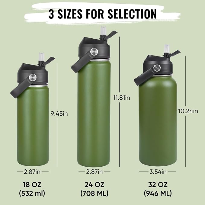Fijinhom 24oz Insulated Stainless Steel Water Bottle, Wide Mouth Double Wall Vacuum, Silicone Straw, Sweat & Leak Proof, BPA Free Insulated Water Flask for Travel, Keep Cold 24h Hot 12h, Green