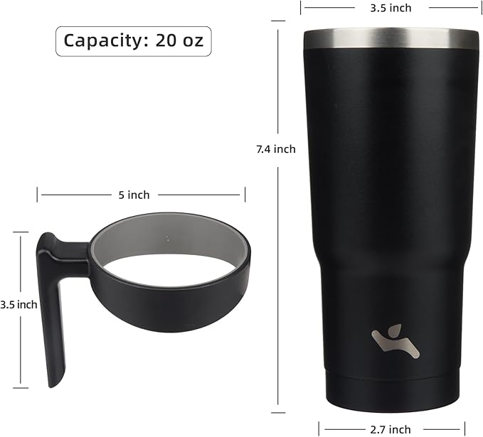 Konokyo 20 oz Tumbler with Handle and 2 Straw 2 Lid, Insulated Water Bottle Stainless Steel Vacuum Cup Reusable Travel Mug,Black
