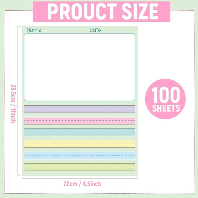 gisgfim 1 Pack Write Beginner Paper 100 Sheets Kindergarten Writing Paper for Kids Story Bulk Primary Notebook Back to School with Picture Space and Lines 8.5" x 11" for Handwriting Practice Creating