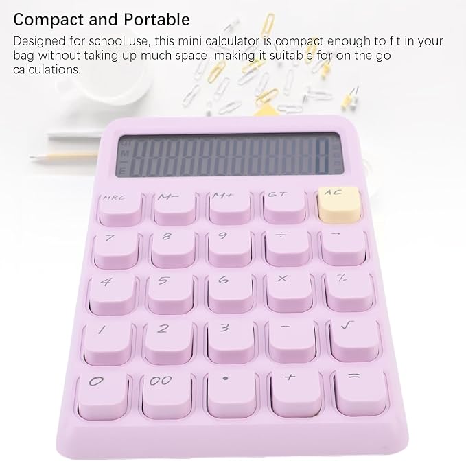 Aramox Basic, Smart, Portable Calculator with Large Display for School and Office Use, Powered by Solar Energy, Compact Design, Mechanical Keys (Purple)