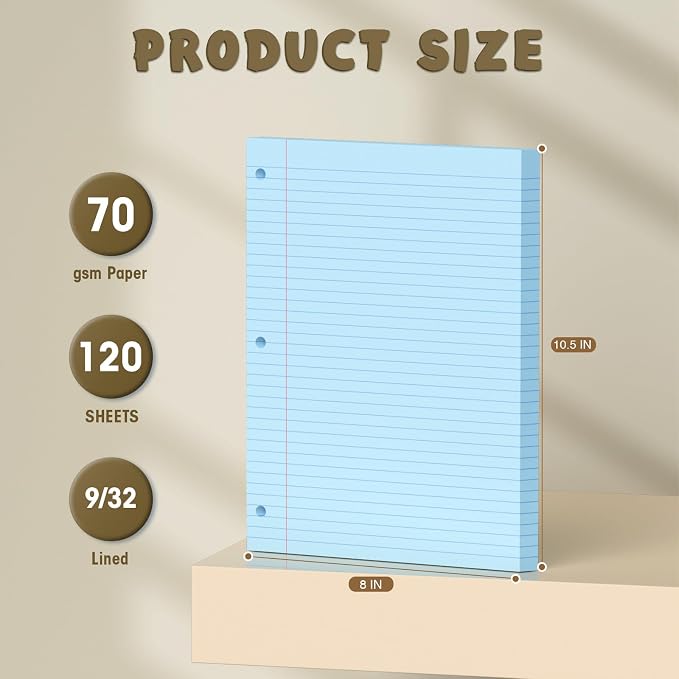 120 Sheets Blue 8x10.5 Inch Loose Leaf Paper, College Ruled Filler Paper, 3 Hole Punched Notebook Paper for 3 Ring Binder, Premium Notebooks Paper for Students & Teachers, Office & School Supplies
