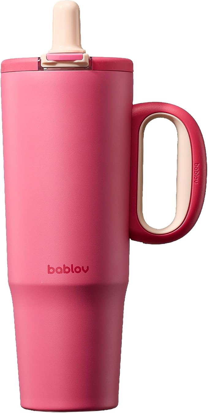 BABLOV 40 oz Ceramic Lined Tumbler with Straw - 316L Stainless Steel Insulated Coffee Tumbler with Lids Handle for Cold Hot Beverages at Home Office or on the Go Travel Coffee Mugs, Rose Pink