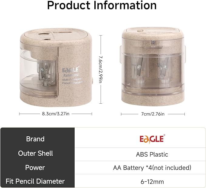 Eagle Electric Pencil Sharpener, Battery or USB Operated, Dual Holes, Dual Blades, fit for Pencils of Size 6-8mm and 9-12mm (Stramineous)