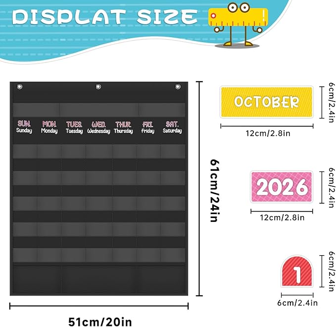 Mewise Monthly Calendar Pocket Chart with 92 Activity Cards for Kids,Simplified Calendar Pocket Chart for Kids Easy Learning,Classroom/Teacher Must Have Supplies/School Decor (Black English)