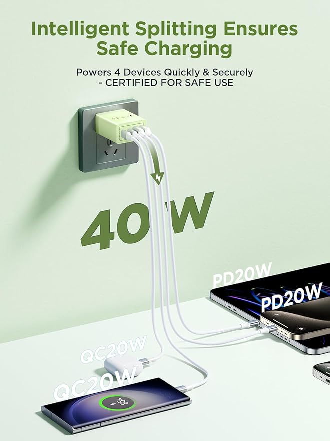 [2-Pack] USB C Charger Block, 4 in 1 iPhone Charger, PD 3.0 40W Charging Blocks, QC 2A USB Wall Charger for iPhone 17 16 15 14 13 12 Pro Max, iPad