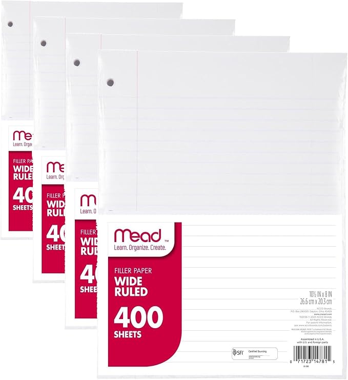 Mead Loose Leaf Paper,Wide Ruled Filler Notebook Paper,8" x 10-1/2",400 Sheets,Fits 3-Ring Binder (150036-ECM),(Pack of 4)