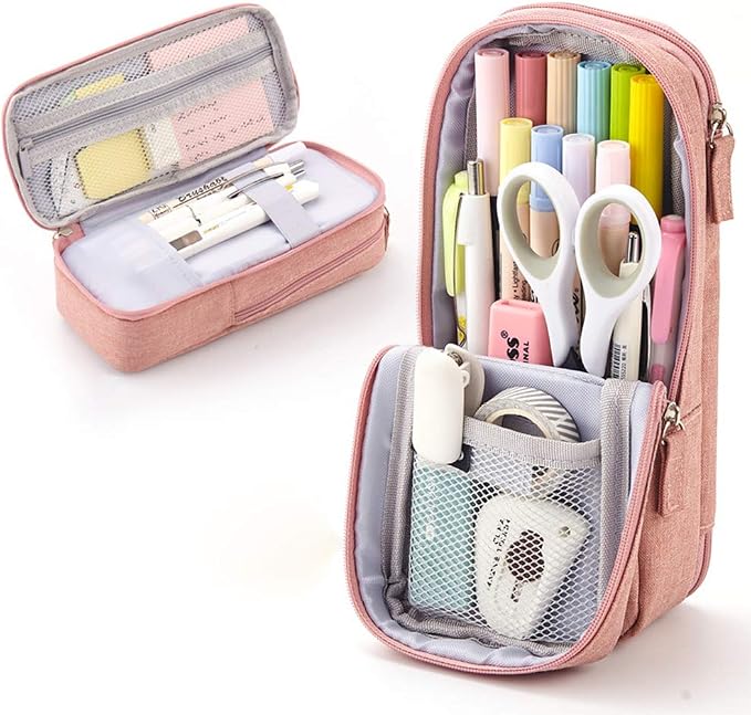 iSuperb Standing Pencil Case 2 Compartments Pencil Pouch Magnetic Mobile Phone Holder Bracket Pen Bag Large Capacity Phone Pouch College Stationery Organizer Storage for Kids Boys Girls