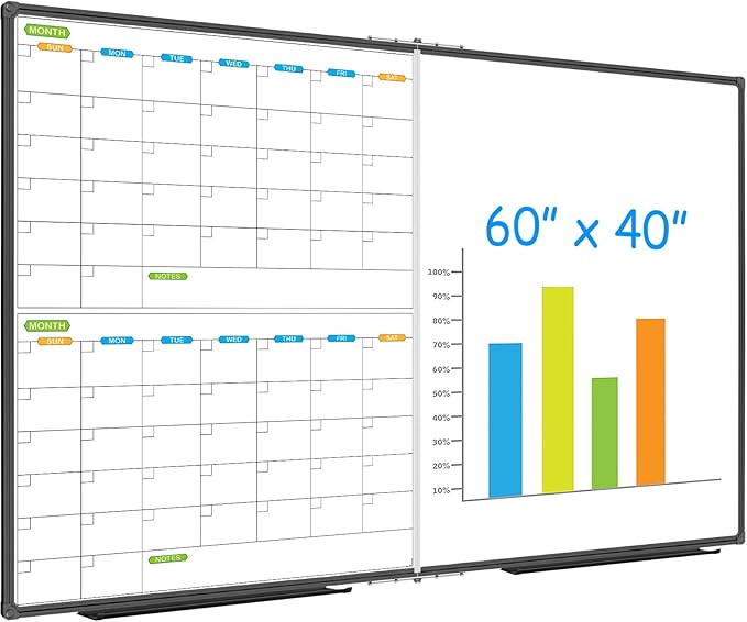 JILoffice Magnetic Foldable Dry Erase Calendar Whiteboard Combo, 2 Month Calendar Board & White Board 60 X 40 Inch, Black Aluminum Frame Wall Mounted Board for Office Home and School