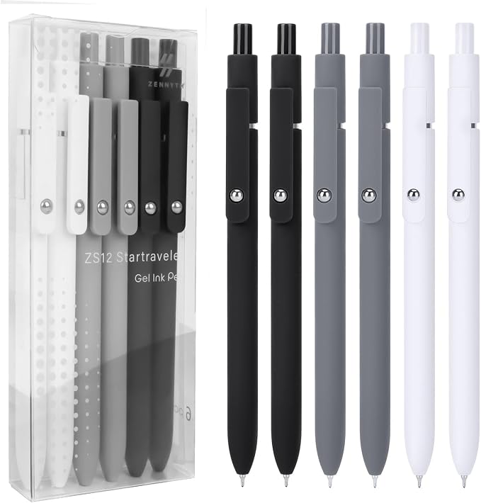 FIOVER Gel Pens, 6pcs 0.5mm Fine Point Black Ink, Smooth Writing Pens for Journaling, Nurse Aesthetic Cute Office School Supplies, Gifts for Women and Men(6Pcs Black White Grey-Black Ink)