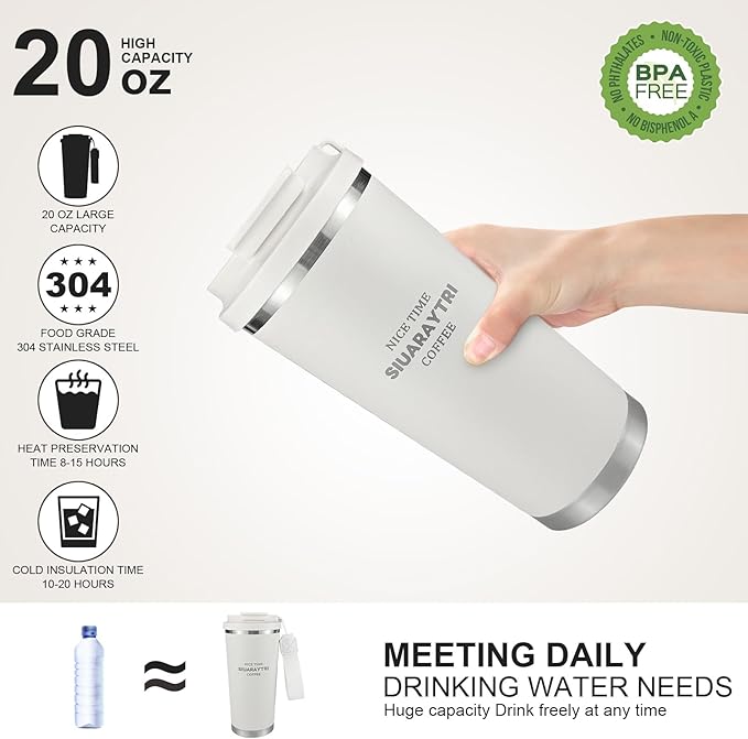 20oz Tumbler Stainless Steel Vacuum Insulated Coffee Travel Mug Reusable Iced Coffee Cup Hot Coffee Travel Mug with lid and straw Cupholder Friendly Leak-Proof BPA Free (White)