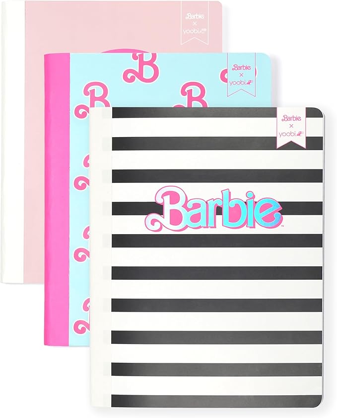 Yoobi Barbie X College Ruled Composition Notebook Set – 3-Pack of Kids 1 Subject Notebooks, Allover Print Designs – 100 Sheets Each, For School, Office & Home – 9.75” x 7.5”