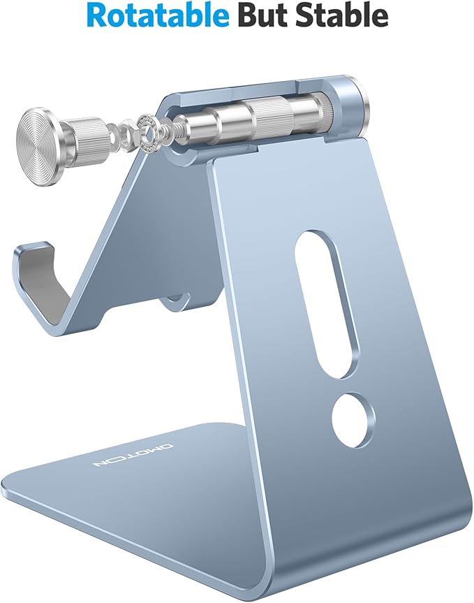 OMOTON Adjustable Cell Phone Stand, Aluminum Desktop Cellphone Stand with Anti-Slip Base and Convenient Charging Port, Fits All Smart Phones, Light Blue