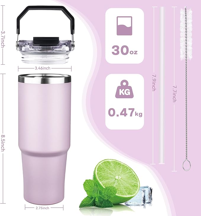 30oz Tumbler with Handle and Flip Straw Lid Double Wall Insulated Travel Coffee Mug Stainless Steel Vacuum Insulated Coffee Tumbler Cup for Hot and Cold Beverages,Leak-proof&BPA-free (30oz,Purple)