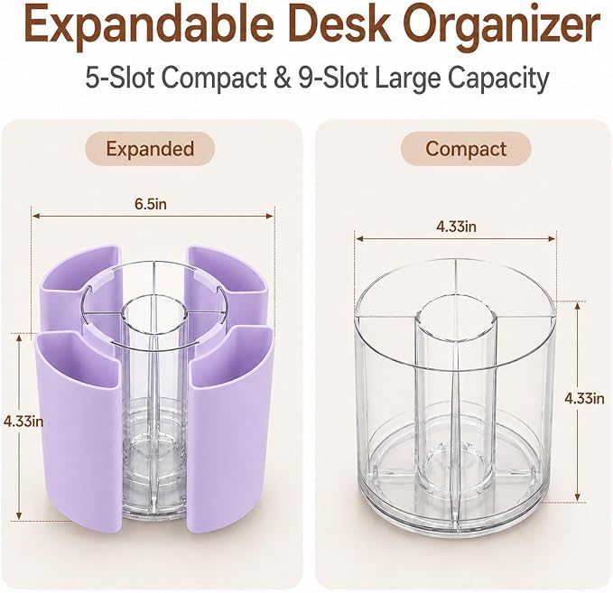 360° Rotating Pen Holder for Desk Adjustable Pencil Organizer, Purple | Plastic Pen Cup for Women Cute Office Supplies and Accessories Desktop Storage Box Art Caddy for School, Work, Home