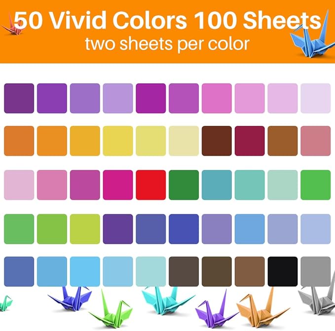 Opret Large Origami Paper 10x10, 50 Vivid Colors, 100 Sheets 10 inch Square Colored Paper, Single Sided Origami for Arts and Crafts Projects, 25x25cm