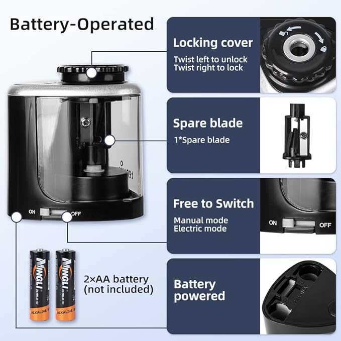 tenwin Electric Pencil Sharpener Battery Operated,Fast Sharpening, Suitable for NO.2/Drawing/Colored Pencils(6-8 mm), Office/School/Home, Portable Pencil Sharpener for Adults, Kids (Black)