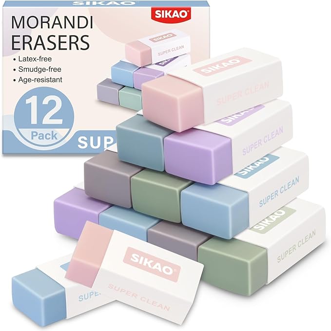 Morandi Erasers, 12 Pack Aesthetic Block Pencil Erasers – Soft Neutral Colors, Smudge-Free Latex-Free Erasers for School, Office, Journaling & Drawing
