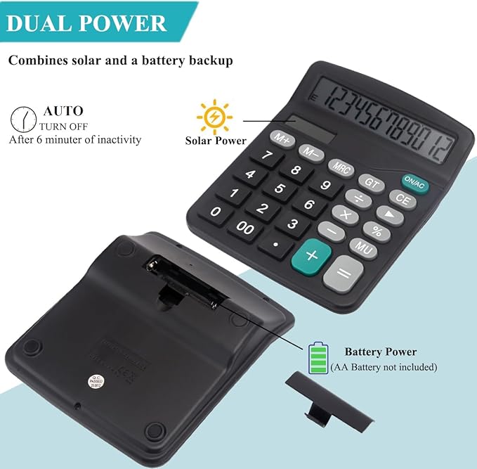 Desk Calculator, Basic Office Calculator with 12 Digits Large Display, Dual Solar Power and Battery, 4 Function Simple Calculation, Big Button for Office Home School(Black)