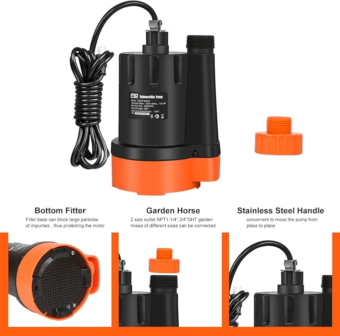 1/3 HP Submersible Water Pump, 2500GPH Utility Pump | Portable Electric Clean Water Drainage Pump for Pool Draining, Flooding, Swimming Pool and Basement