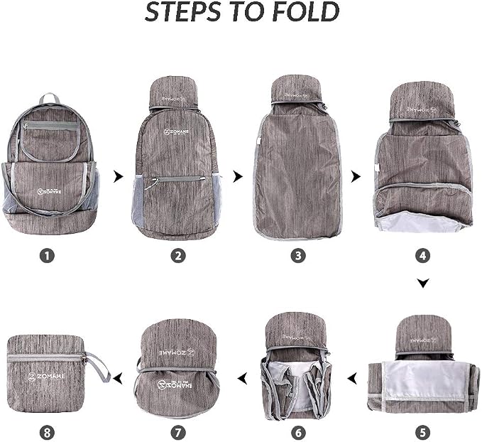 ZOMAKE Lightweight Packable Backpack, 20L Small Foldable Daypack for Hiking | Water Resistant Collapsible Backpacks for Women Men, Everyday Carry,Multi Compartment Storage,Adjustable Strap(Light Grey B3)