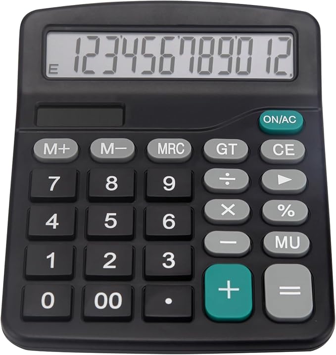 Desk Calculator, Basic Office Calculator with 12 Digits Large Display, Dual Solar Power and Battery, 4 Function Simple Calculation, Big Button for Office Home School(Black)