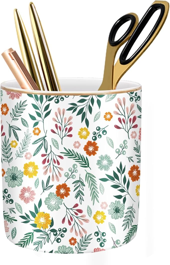 Desk Pen and Pencil Holder, Ceramic Multifunctional Organizer for Home, Office, and School, Green Floral Pattern