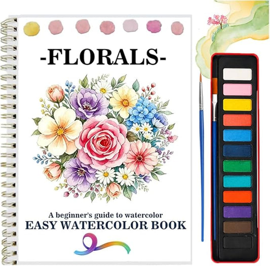 Watercolor Workbooks Coloring Book Easy Nature Scenes Beginner Friendly Watercolor Paint Set Art Crafts Painting Kit for Creative Exploration Gift for Adults Beginners (Flowers, with Palette)