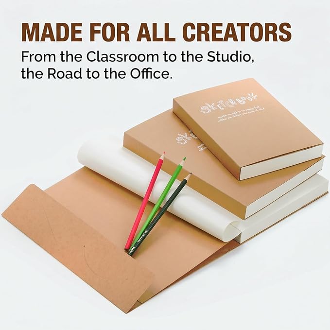 Elsjoy Set of 3 Kraft Sketchbook & Drawing Notebook, A5/A4/B5 Sketch Book Travel Journal Notebook with Thick Paper for Drawing & Sketching, 128 Sheets/256 Pages