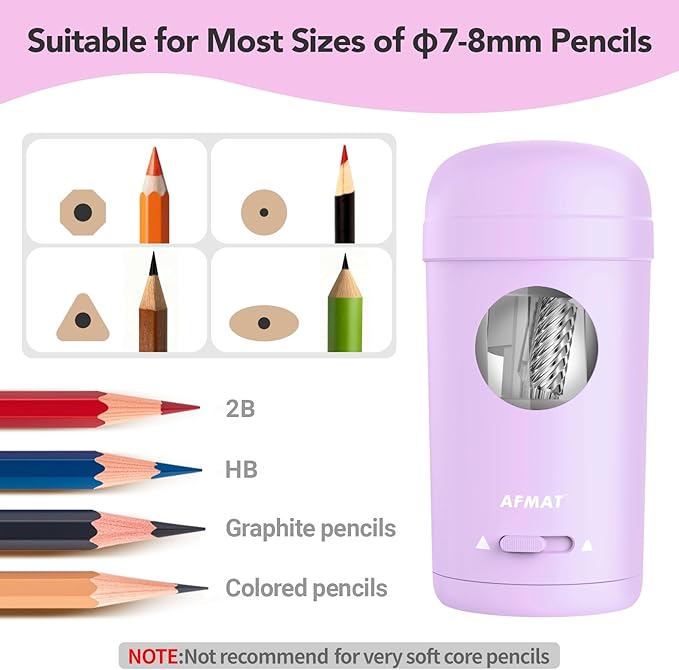AFMAT Electric Pencil Sharpener, Fully Automatic Pencil Sharpener for 7-8mm Pencils & Colored Pencil, Auto in & Out, Rechargeable Vertical Hands-Free Sharpeners for Classroom/Home/Office PSX7(Purple)